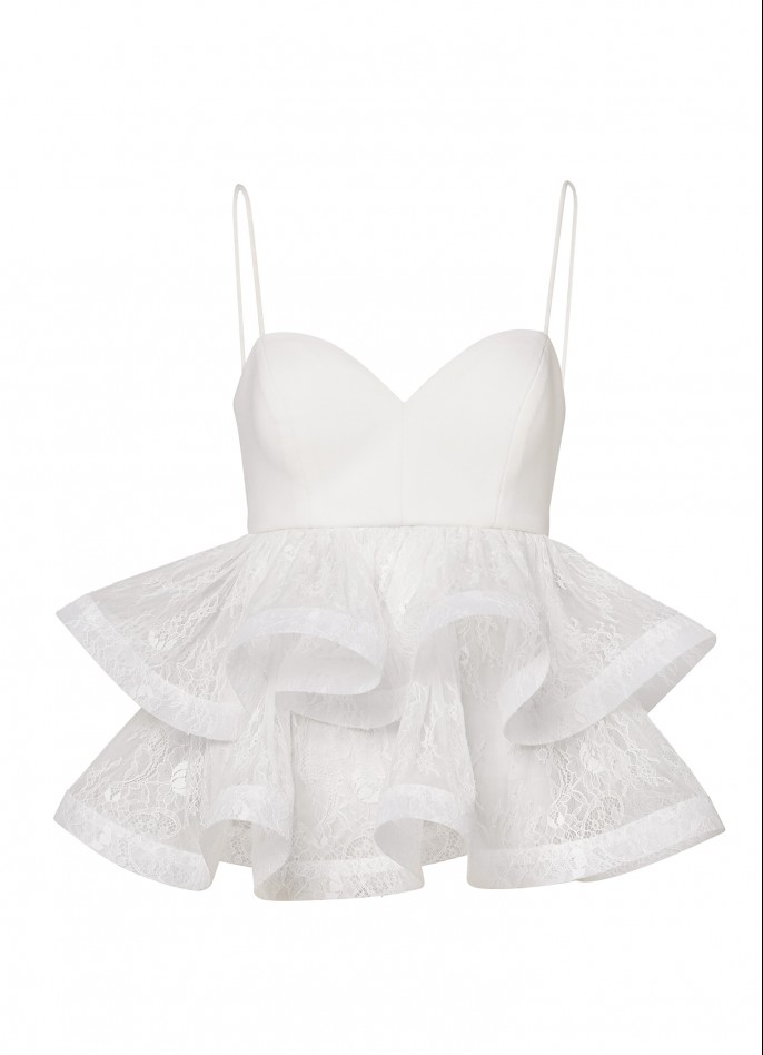 WHITE CREPE BLEND AND LACE RUFFLE TOP